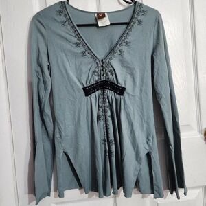 Vintage Blue Embroidered Long Sleeve Top